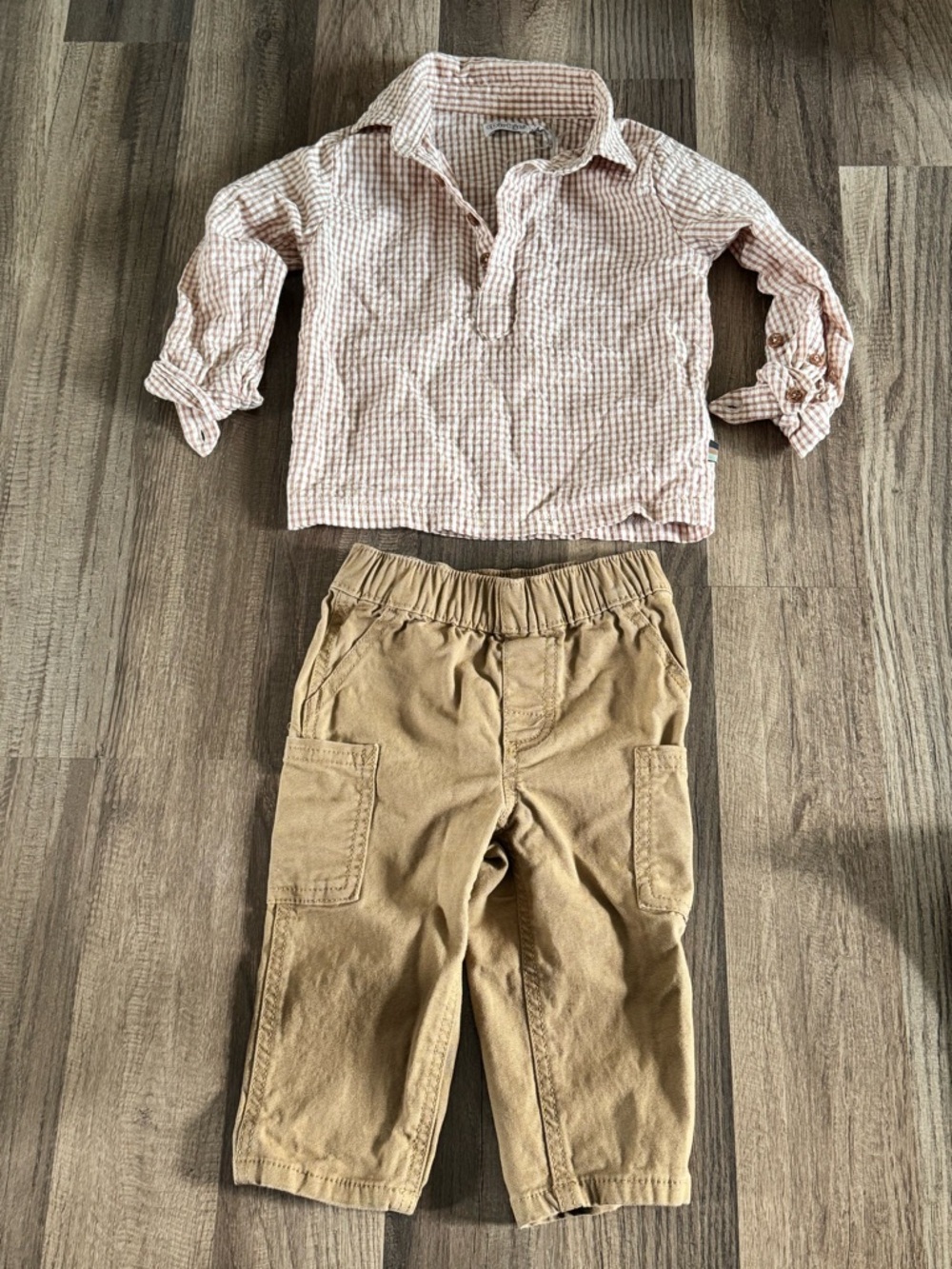 Carter's Pink Plaid Top with Tan Cargo Pants Kids Matching Set - Picture 1 of 4